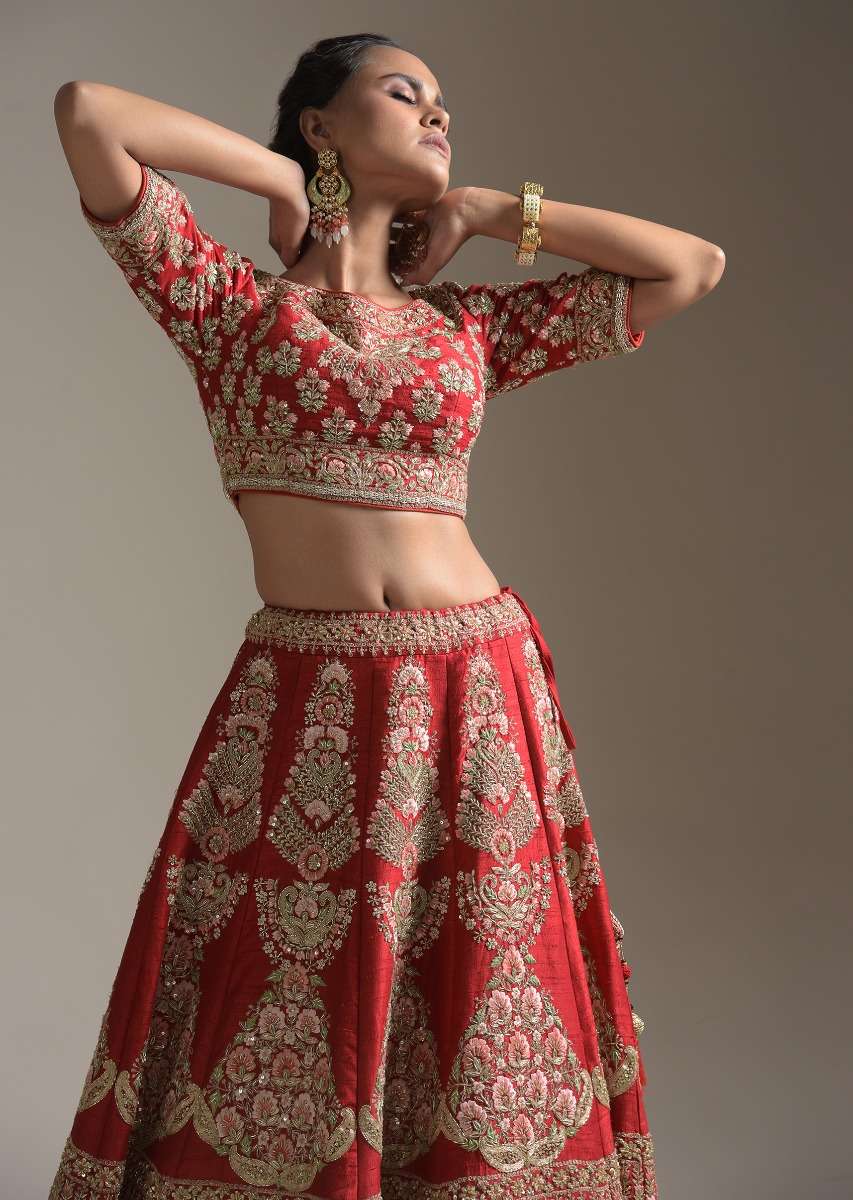 Turkey Red Lehenga Choli With Floral Motifs On The Kali And Hemline