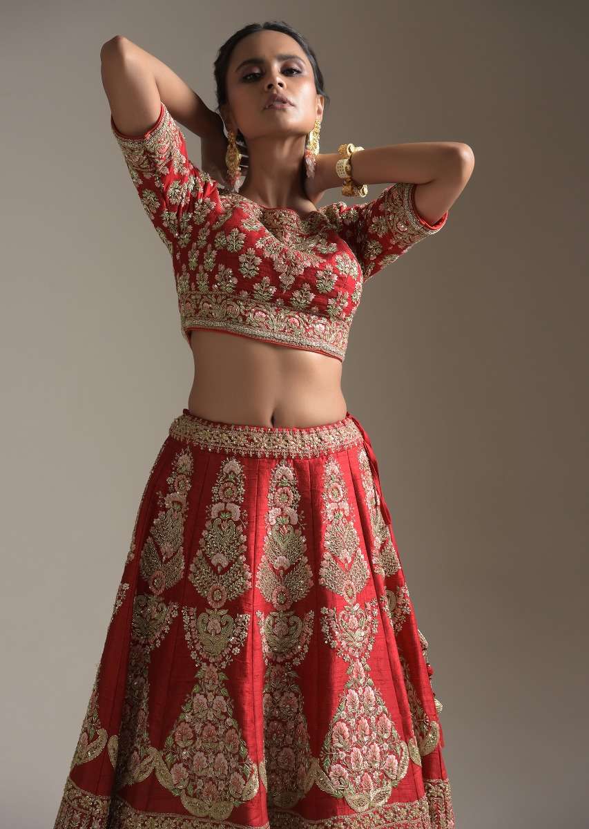 Turkey Red Lehenga Choli With Floral Motifs On The Kali And Hemline