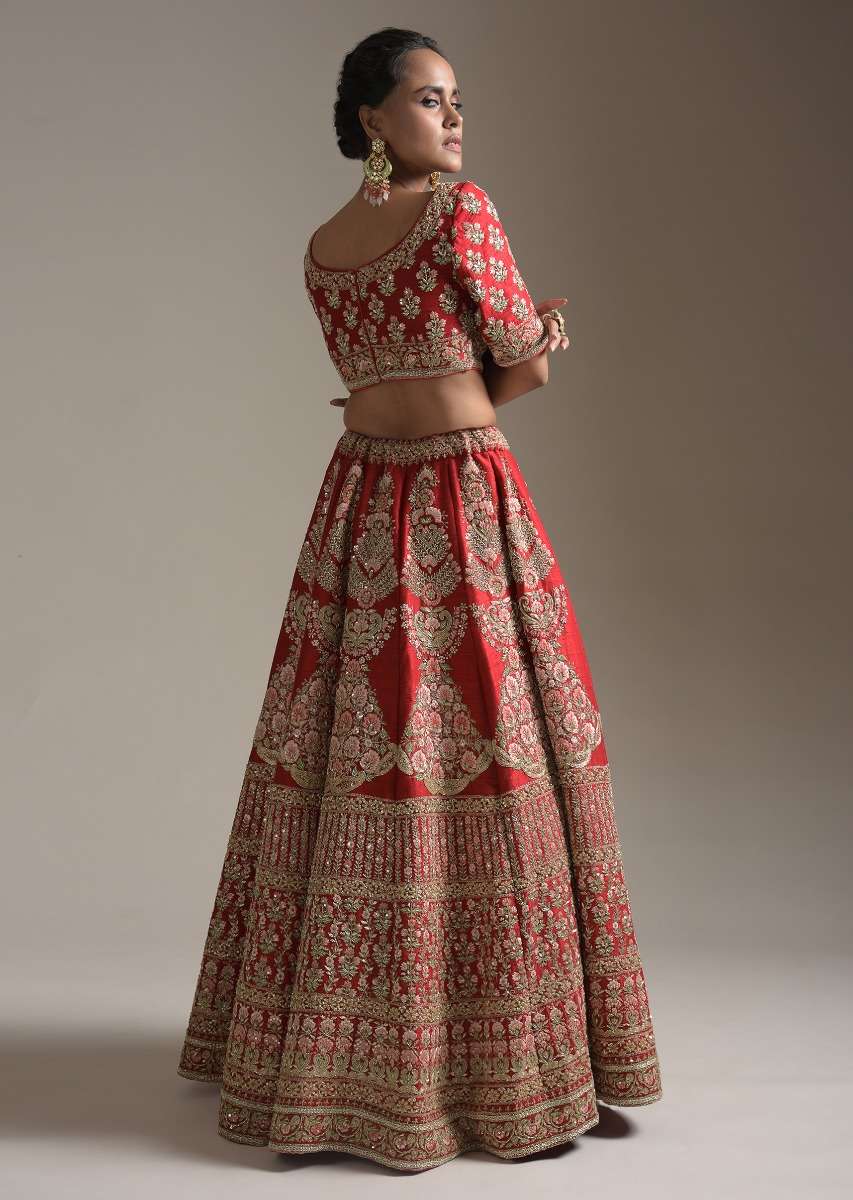 Turkey Red Lehenga Choli With Floral Motifs On The Kali And Hemline