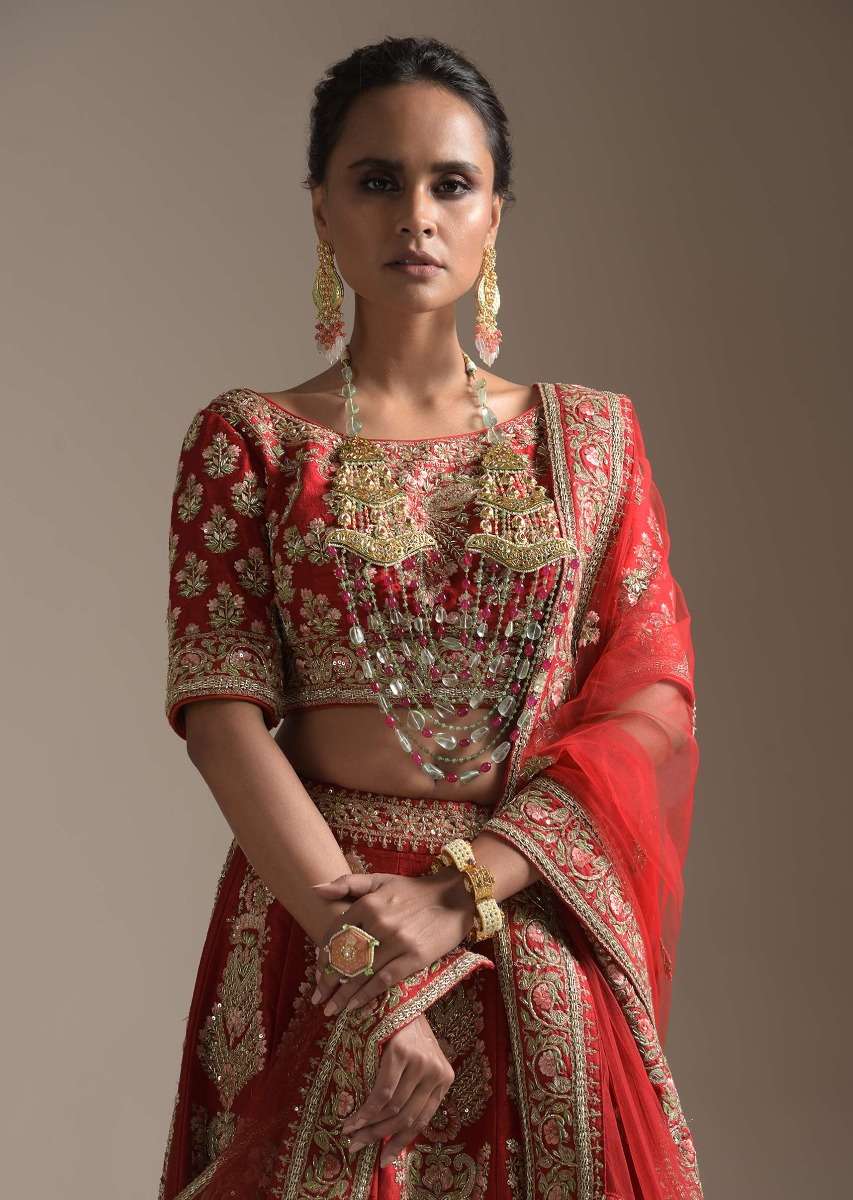 Turkey Red Lehenga Choli With Floral Motifs On The Kali And Hemline