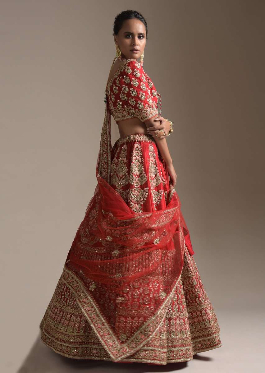 Turkey Red Lehenga Choli With Floral Motifs On The Kali And Hemline