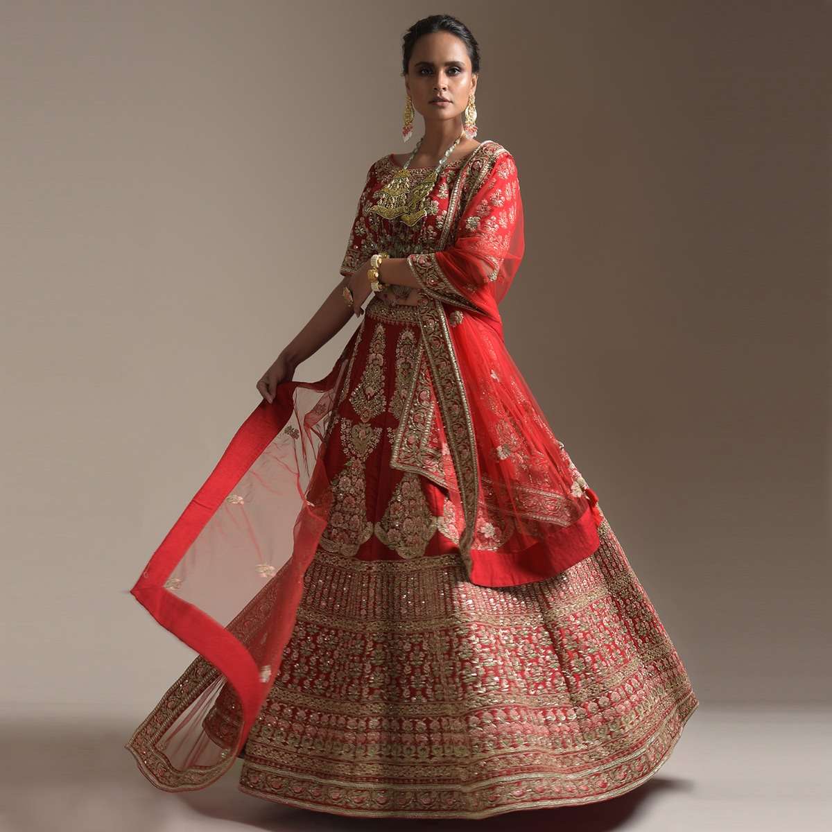 Turkey Red Lehenga Choli With Floral Motifs On The Kali And Hemline