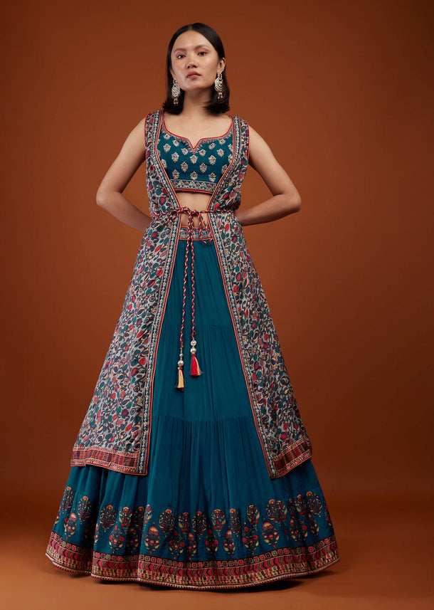 Teal Blue Indowestern Bridesmaid Lehenga Set