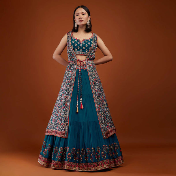 Teal Blue Indowestern Bridesmaid Lehenga Set