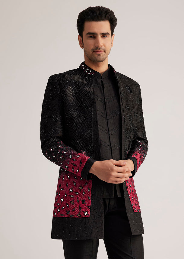 Black And Red Silk Jacket Set With Mirror And Thread Detailing