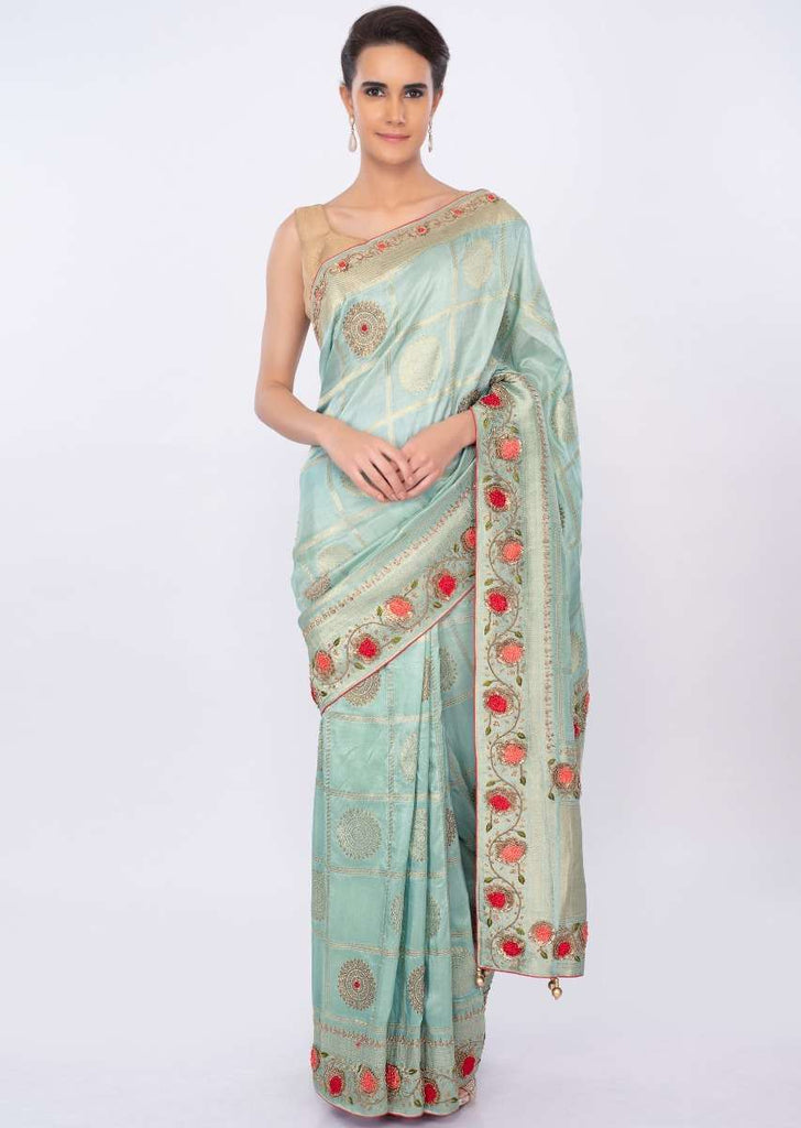 Turq blue banarasi brocade saree in checks and floral motif only on kalki