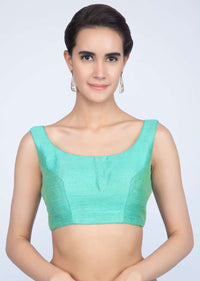 Turq Blue Blouse In Raw Silk With Round Neckline