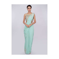 Turq blue ready draped lycra saree with patch embroidered pallo only on Kalki