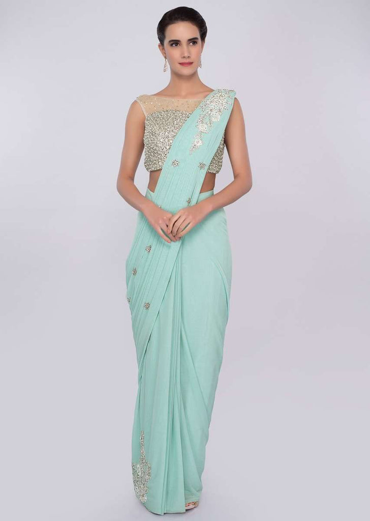 Turq blue ready draped lycra saree with patch embroidered pallo only on Kalki