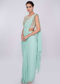 Turq blue ready draped lycra saree with patch embroidered pallo only on Kalki