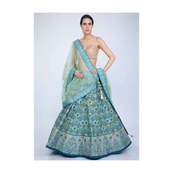 Turq Blue Lehenga In Shaded Cotton Silk With Patola Print And Green Organza Dupatta Online - Kalki Fashion