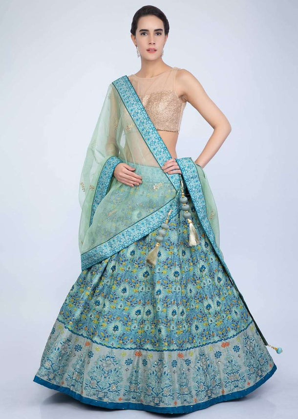 Turq Blue Lehenga In Shaded Cotton Silk With Patola Print And Green Organza Dupatta Online - Kalki Fashion