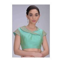 Turq green two toned raw silk blouse with fancy collar only on Kalki