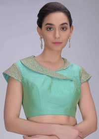 Turq green two toned raw silk blouse with fancy collar only on Kalki