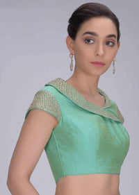 Turq green two toned raw silk blouse with fancy collar only on Kalki