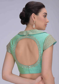 Turq green two toned raw silk blouse with fancy collar only on Kalki