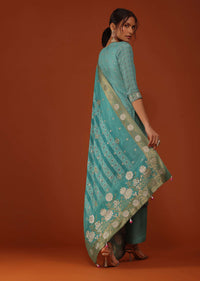 Turq Blue Bandhani Printed Kurti Palazzo Set In Silk