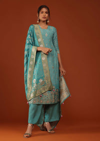 Turq Blue Bandhani Printed Kurti Palazzo Set In Silk