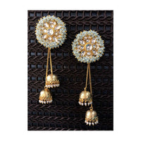 Turquoise Bead Earrings In Floral Design With Dangling Mini Jhumkas Fringed With Pearls Online - By Kripa Pranay