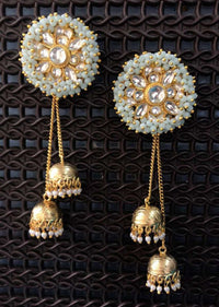 Turquoise Bead Earrings In Floral Design With Dangling Mini Jhumkas Fringed With Pearls Online - By Kripa Pranay