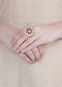 Turquoise Enamelled Round Ring With Kundan And Red Pota Stones In Floral Design By Aster