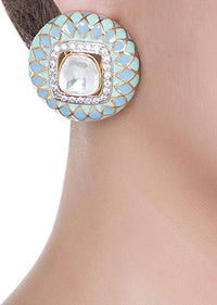 Turquoise Enamelled Round Stud Earrings With Faux Polki In The Centre By Aster