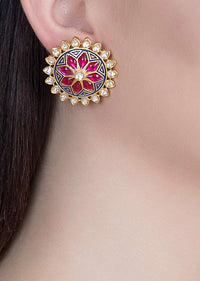 Turquoise Enamelled Stud Earrings In Floral Design With Kundan And Red Pota Stones By Aster