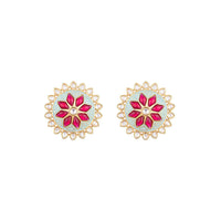 Turquoise Enamelled Stud Earrings In Floral Design With Kundan And Red Pota Stones By Aster