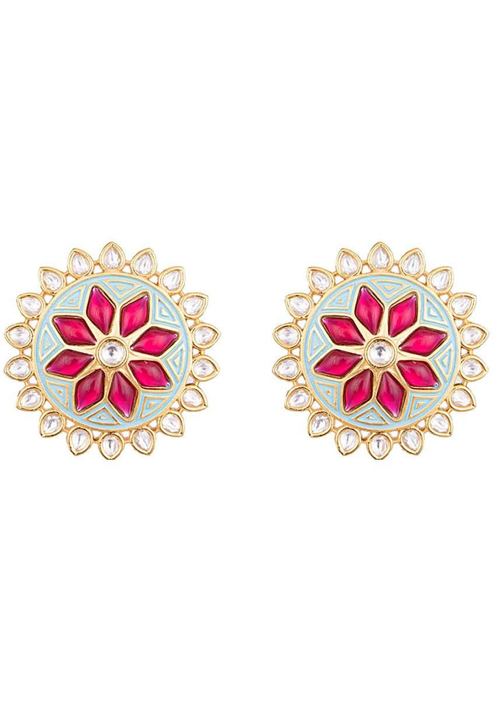 Turquoise Enamelled Stud Earrings In Floral Design With Kundan And Red Pota Stones By Aster
