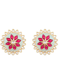 Turquoise Enamelled Stud Earrings In Floral Design With Kundan And Red Pota Stones By Aster