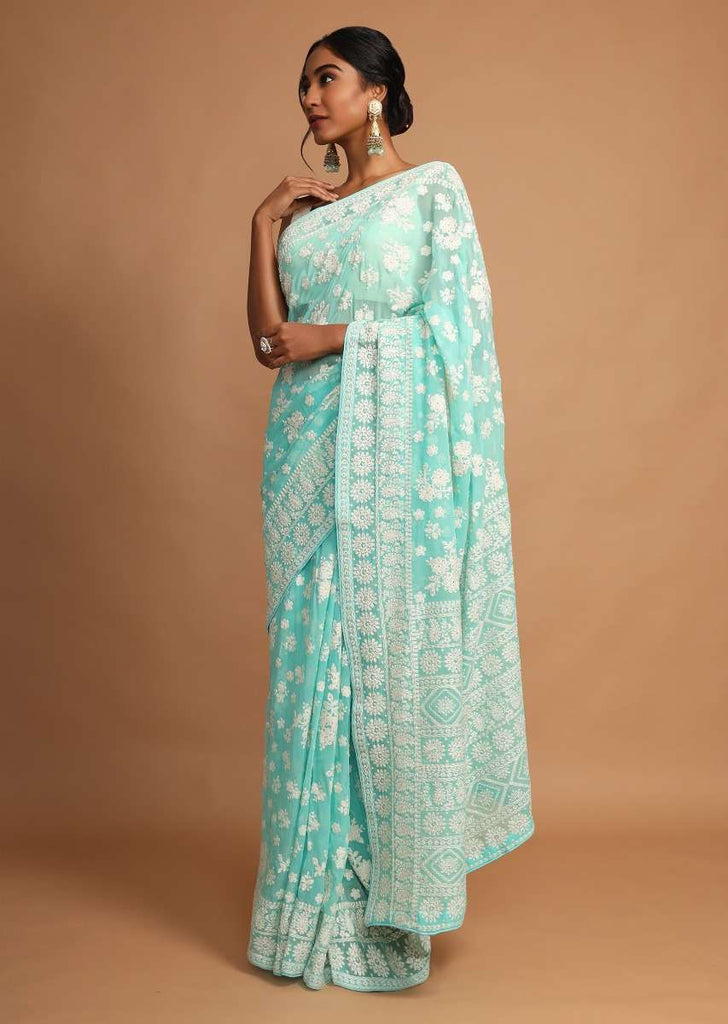 Turquoise Saree In Georgette With Lucknowi Thread Embroidered Floral Design