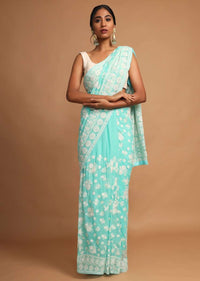 Turquoise Saree In Georgette With Lucknowi Thread Embroidered Floral Design