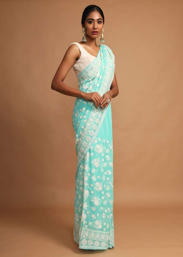 Turquoise Saree In Georgette With Lucknowi Thread Embroidered Floral Design