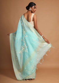 Turquoise Saree In Linen With Sequins And Resham Embroidered Floral Design Online - Kalki Fashion