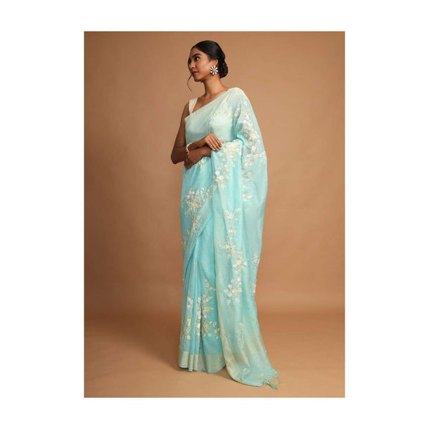 Turquoise Saree In Linen With Sequins And Resham Embroidered Floral Design Online - Kalki Fashion