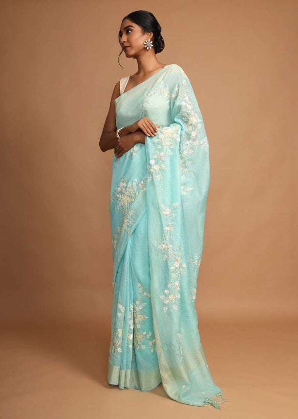 Turquoise Saree In Linen With Sequins And Resham Embroidered Floral Design Online - Kalki Fashion