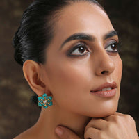 Turquoise Studs In Floral Motif With Turquoise Stones And Kundan At The Centre By Paisley Pop