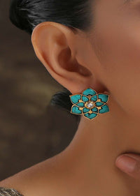 Turquoise Studs In Floral Motif With Turquoise Stones And Kundan At The Centre By Paisley Pop