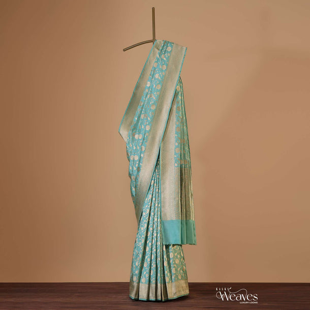 Mint Blue Banarasi Saree In Uppada Silk With Woven Floral Jaal And Unstitched Blouse