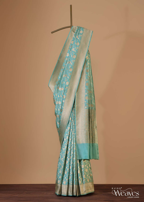 Mint Blue Banarasi Saree In Uppada Silk With Woven Floral Jaal And Unstitched Blouse