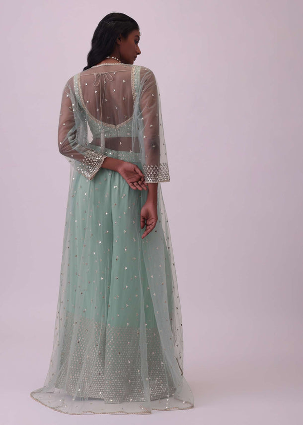Turquoise Blue Palazzo And Blouse Set In Georgette With Sequins Work