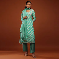 Sea Green Suit With Lehariya Print And Zari Embroidered Yoke Design