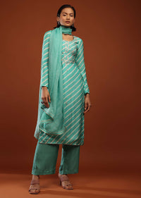 Sea Green Suit With Lehariya Print And Zari Embroidered Yoke Design