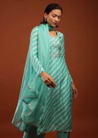 Sea Green Suit With Lehariya Print And Zari Embroidered Yoke Design