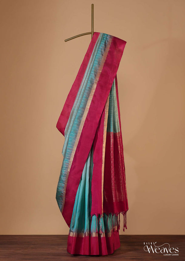 Mint Blue Handloom Saree In Album Silk With Zari Woven Red Border And Unstitched Blouse