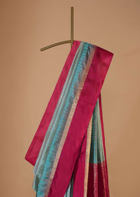 Mint Blue Handloom Saree In Album Silk With Zari Woven Red Border And Unstitched Blouse