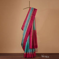 Mint Blue Handloom Saree In Album Silk With Zari Woven Red Border And Unstitched Blouse