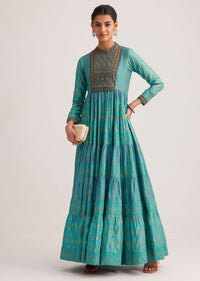 Turquoise Chanderi Kurta With Indie Print