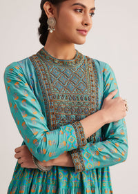 Turquoise Chanderi Kurta With Indie Print