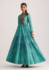 Turquoise Chanderi Kurta With Indie Print